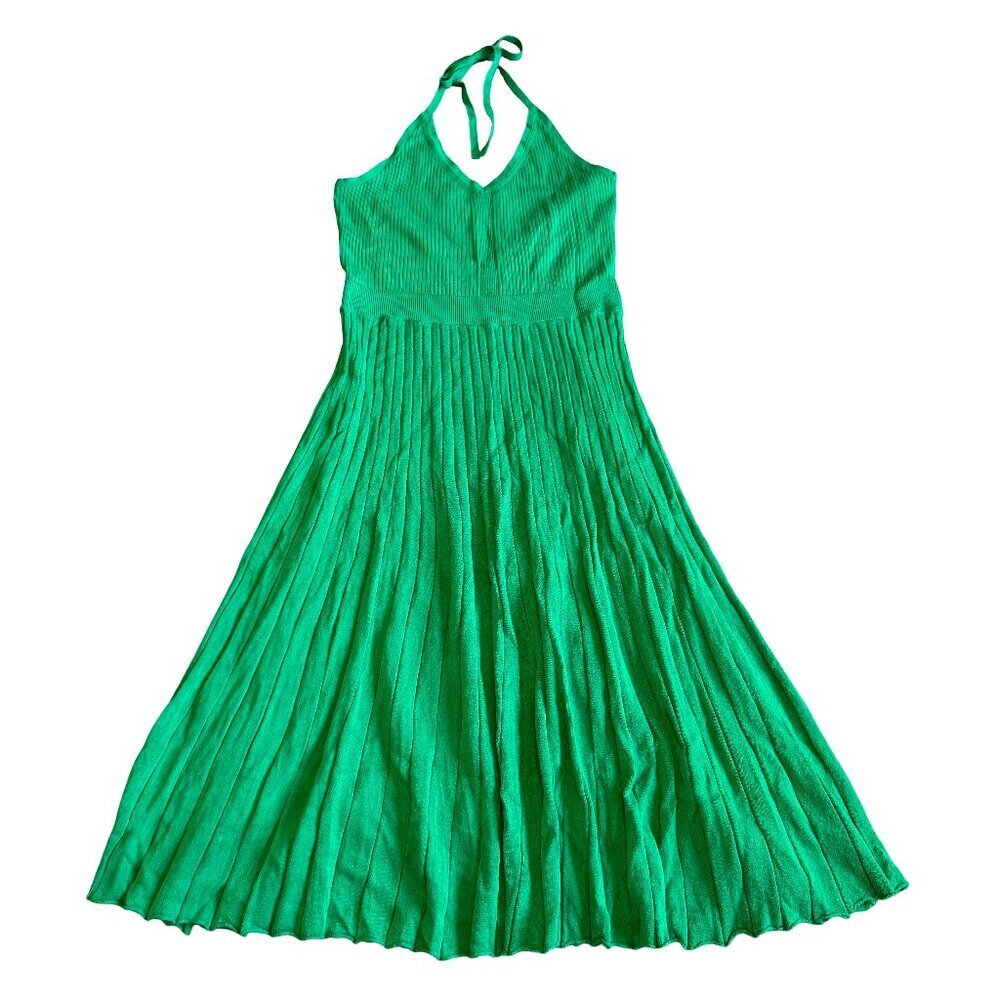 A New Day Kelly Green Stretchy Pleated Halter Dress Midi Length Size Meidum
